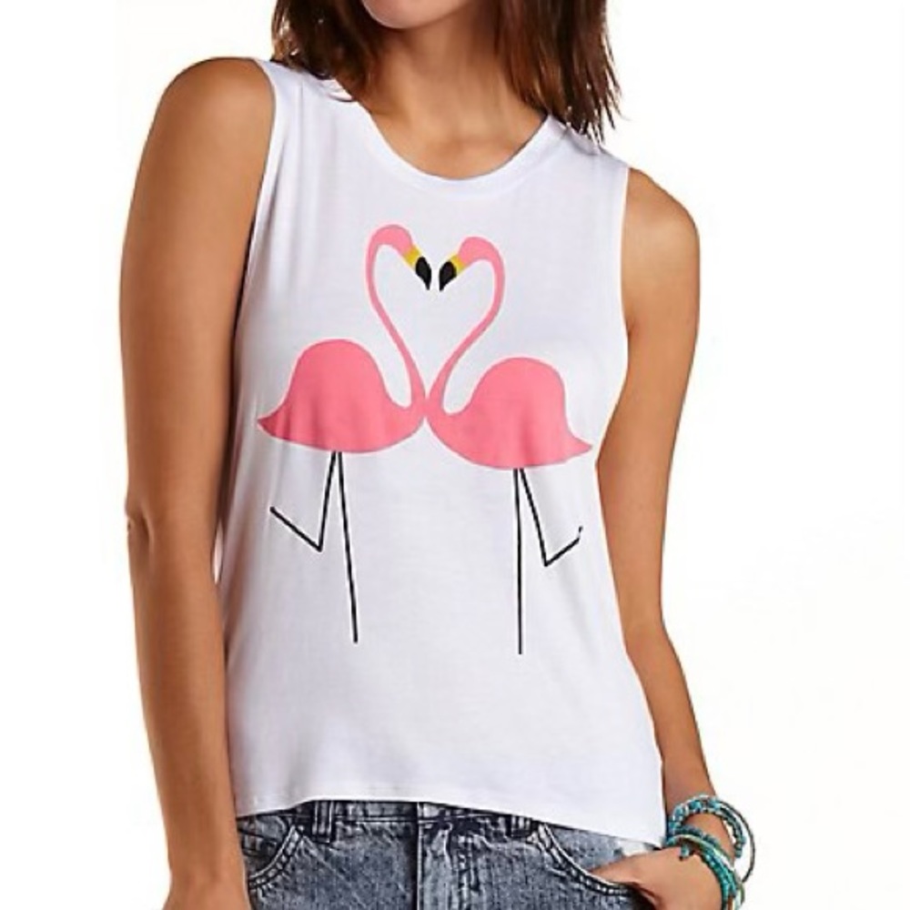 Charlotte Russe White and Pink Flamingo Tank Top, Medium